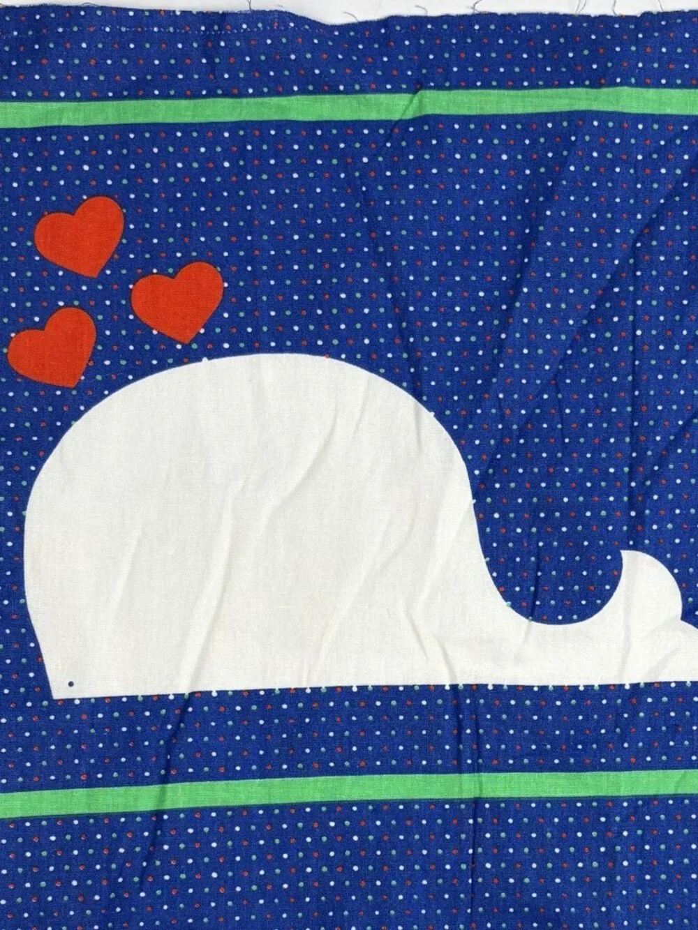 VTG White Whales Blue Cotton Fabric Panel Red Hearts Green Border 9 Blocks 1 Yd